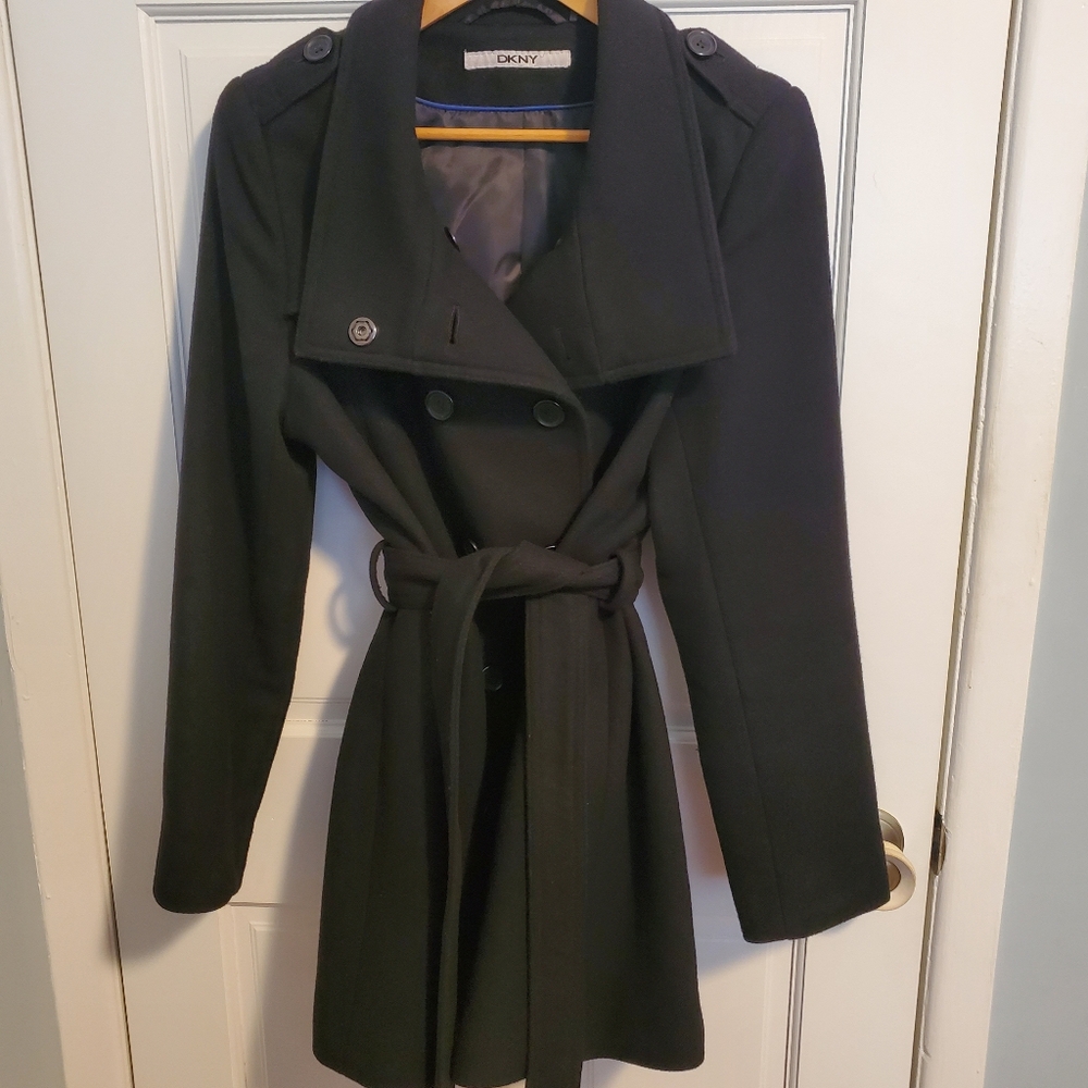 DKNY Women's Wool Blend Black Belted Trench Coat - Picture 6 of 14
